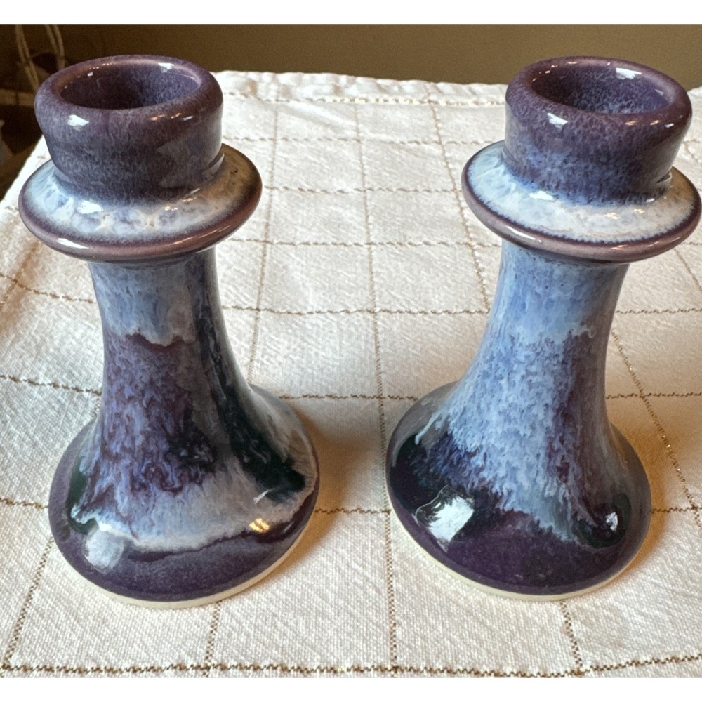 D. K. Clay North Carolina‎ Stoneware Candlesticks Purple Drip Glaze 4.5" READ